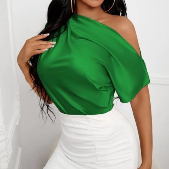 Asymmetrical Neck Ruched Satin Blouse Green - Picture 4 of 5